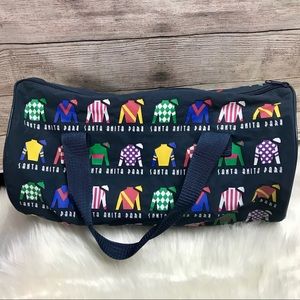 Santa Anita park duffel bag w/ jockey silks print.